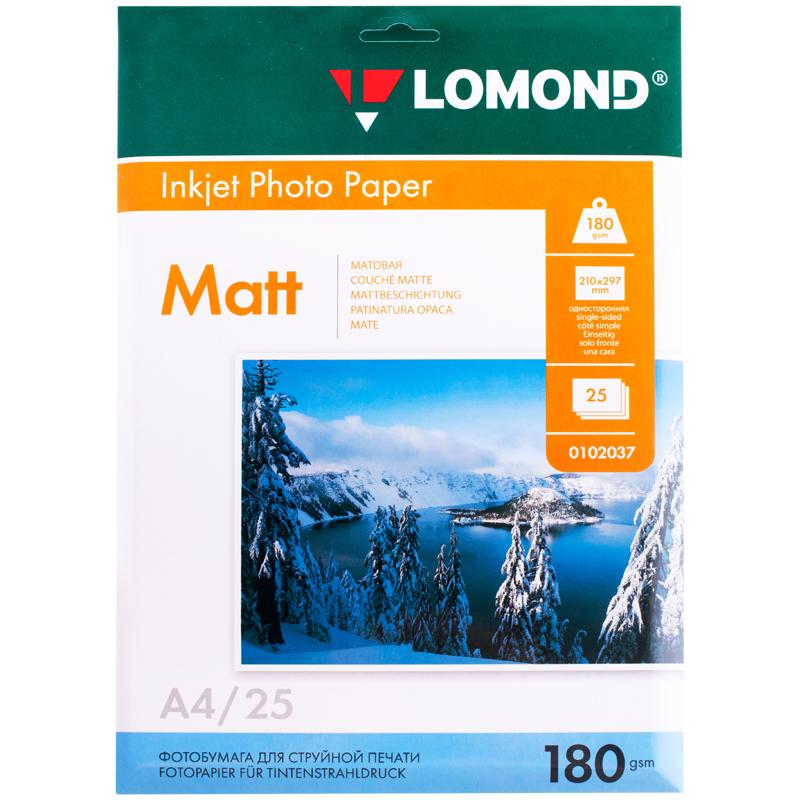 Фотобумага А4 для стр. принтеров Lomond, 180г/м2 (25л) матовая односторонняя оптом