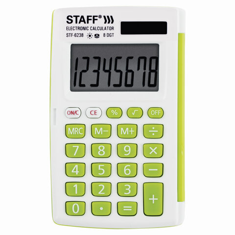 Калькулятор карманный STAFF STF-6238 (104х63 мм), 8 разядов, двойное питание, БЕЛЫЙ С ЗЕЛЁНЫМИ КНОПКАМИ, блистер, 250283 оптом