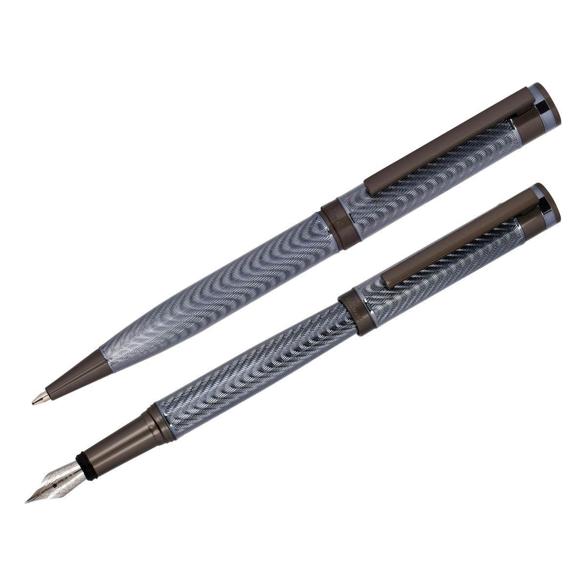 Набор Delucci "Stellato": ручка перьевая черная 0,8мм и ручка шариковая синяя 1мм, корпус серебро/хром, подарочная упаковка оптом