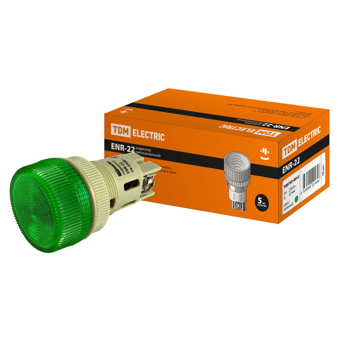 Лампа TDM ENR-22, сигнальная, d=22 мм, зеленый, неон/230 В, цилиндр, SQ0702-0013 оптом