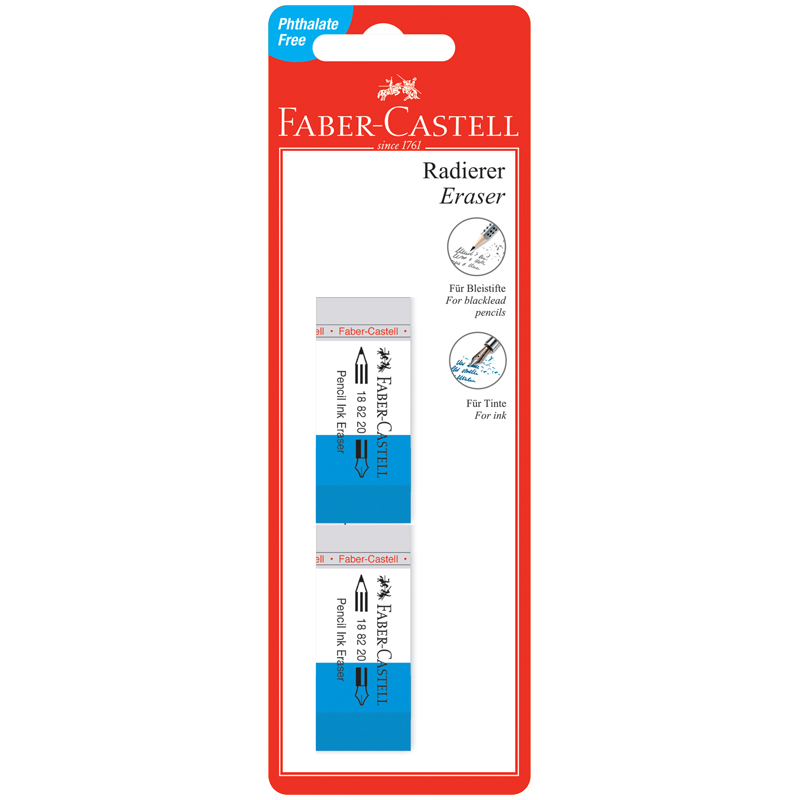 Набор ластиков Faber-Castell "PVC-Free" 2шт., прямоугольный, в пленке, комбинированный чернила/карандаш, 62*21,5*11,5мм, блистер оптом