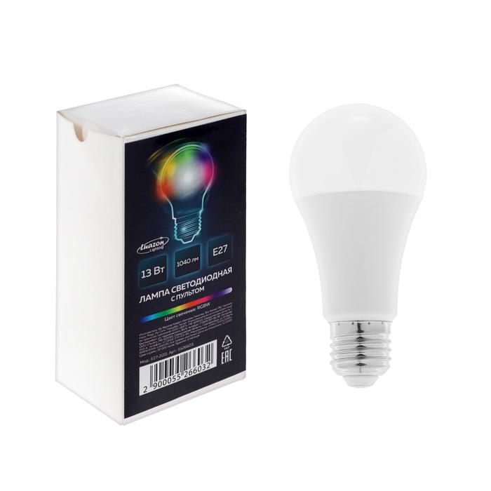 Лампа светодиодная RGB+W, с пультом , А60, 13 Вт, 1040 Лм, Е27, 220 В оптом