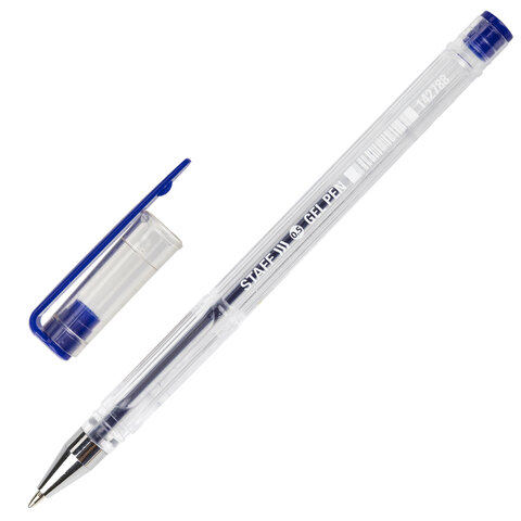 Ручка гелевая STAFF "Basic", СИНЯЯ, корпус прозрачный, хромированные детали, узел 0,5 мм, линия письма 0,35 мм, 142788 оптом