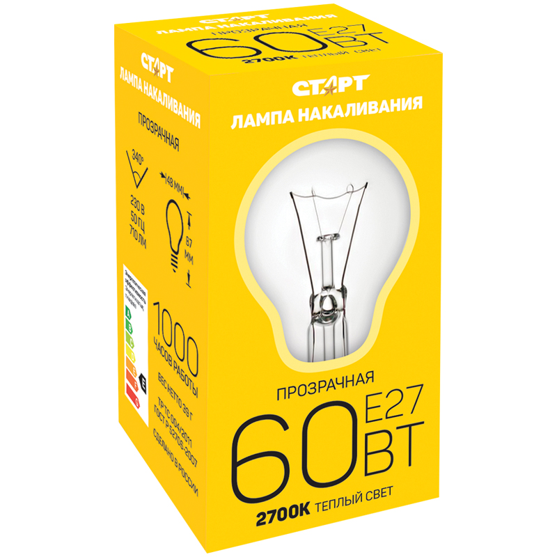 Лампа накаливания Старт Б 60W, E27, прозрачная оптом