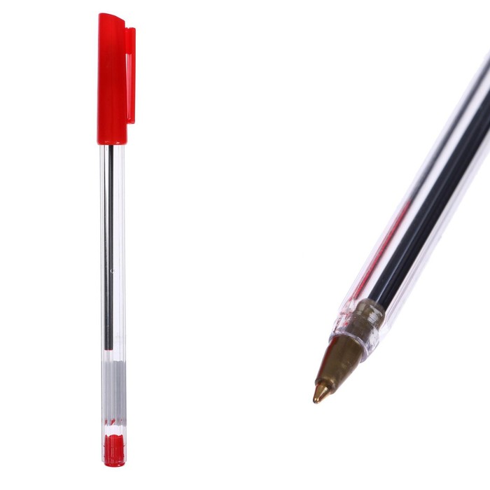 Ручка шариковая 0,7 мм, стержень красный, корпус прозрачный с красным колпачком оптом