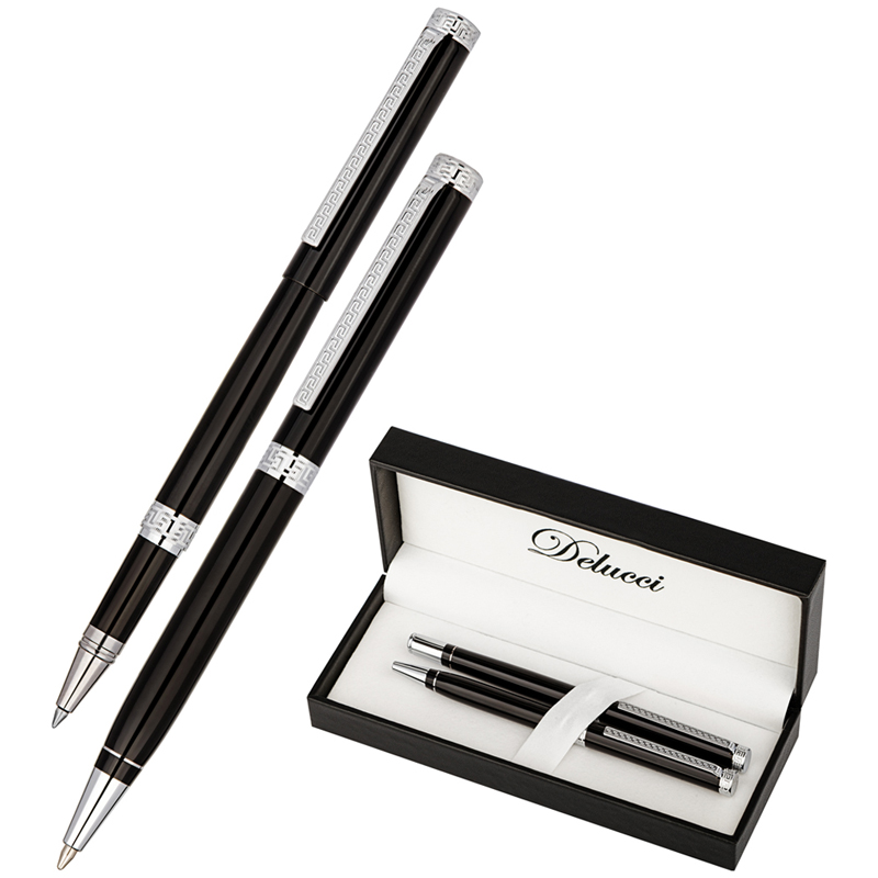 Набор Delucci "Classico": ручка шарик., 1мм и ручка-роллер, 0,6мм, синие, корпус черный, подарочная упаковка оптом
