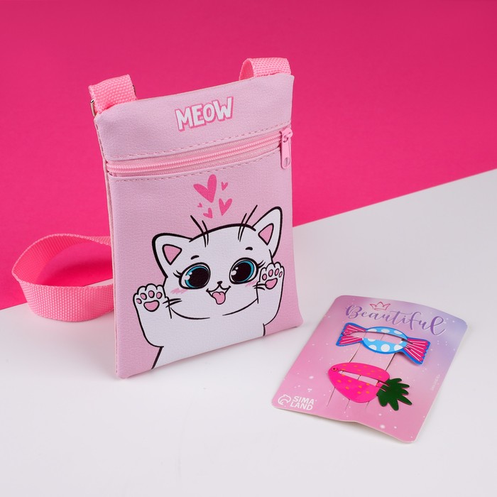 Набор для девочки Белый котик: сумка и заколки для волос, цвет розовый оптом
