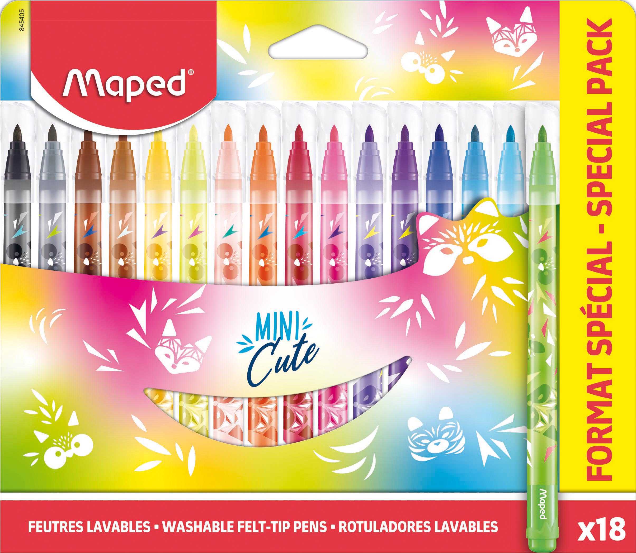 Фломастеры MAPED MINI CUTE с заблокированным пишущим узлом, декорированные, средний пишущий узел, смываемые, в картонном футляре, 18 цветов оптом