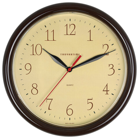 Часы настенные TROYKATIME (TROYKA) 21234287, круг, бежевые, коричневая рамка, 24,5х24,5х3,1 см оптом
