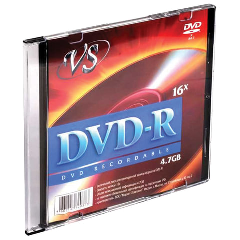 Диск DVD-R VS, 4,7 Gb, 16x, Slim Case (1 штука), VSDVDRSL01 оптом