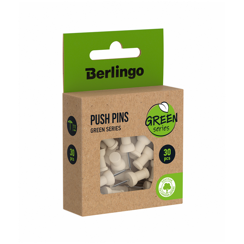 Кнопки силовые Berlingo "Green Series", 30шт., деревянные, крафт упак., европодвес оптом