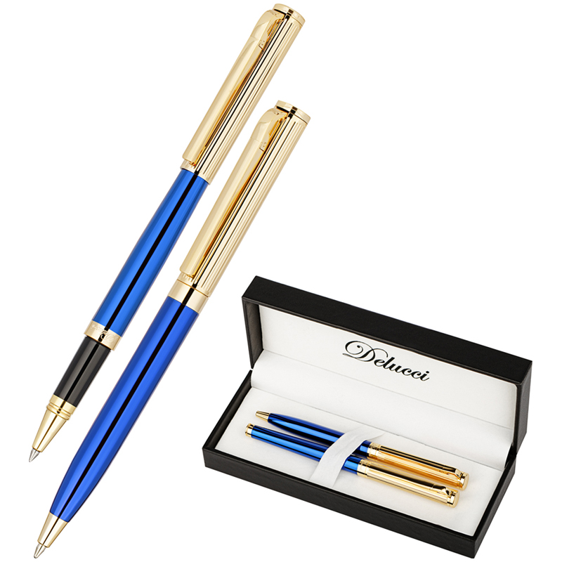 Набор Delucci "Azzurro": ручка шарик., 1мм и ручка-роллер, 0,6мм, синие, корпус син/зол., подарочная упаковка оптом
