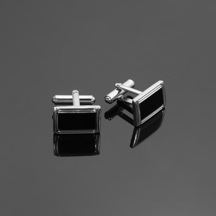 Запонки "Прямоугольник" в рамке с эмалью, цвет чёрный в серебре оптом