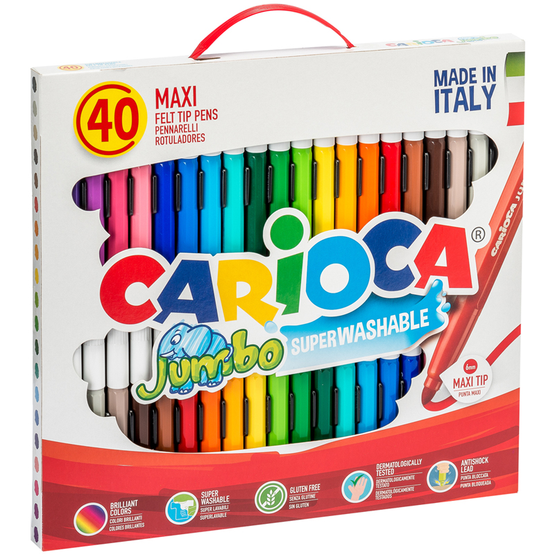 Фломастеры Carioca "Jumbo", 40шт., 36цв., утолщенные, смываемые, картон, с ручкой оптом