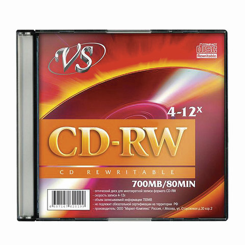 Диск CD-RW, VS, 700 Mb, 4-12 x Slim Case, 1 штука, VSCDRWSL01 оптом