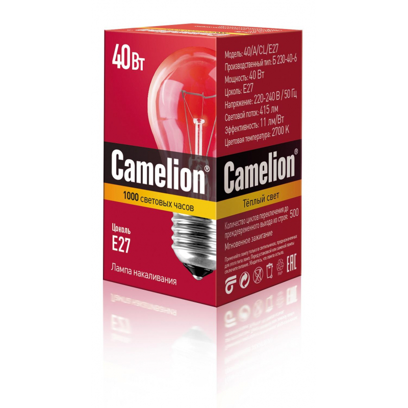 Лампа накаливания Camelion 40/A/CL/E27 40Вт Е27 гр оптом