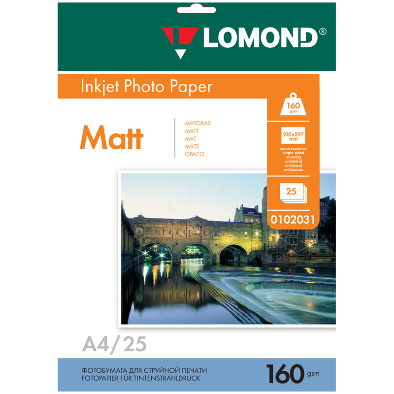 Фотобумага А4 для стр.принтеров Lomond, 160г/м2 (25л) матовая односторонняя оптом