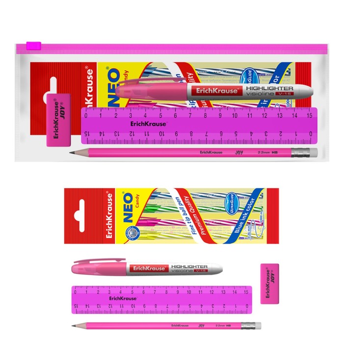 Набор в ZIP-пакете ErichKrause Neon Solid, 8 предметов, розовый оптом