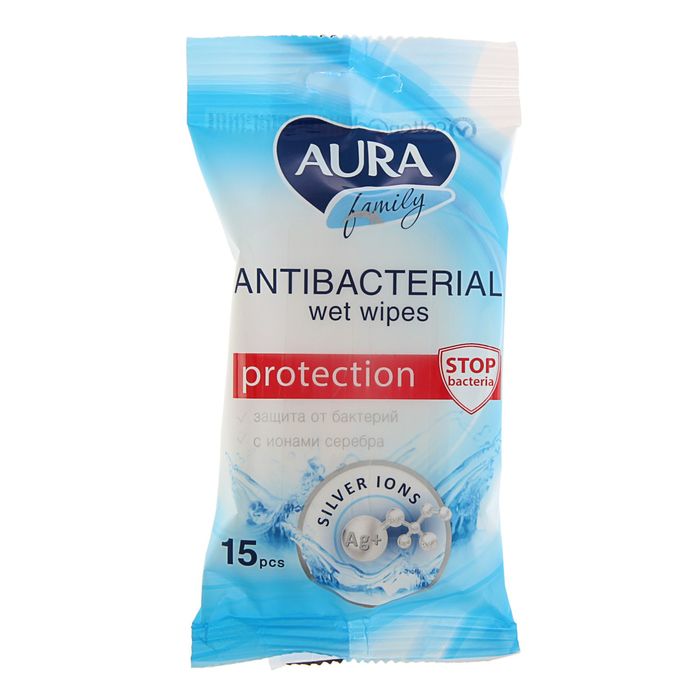 Влажные салфетки Aura Family, c антибактериальным эффектом, 15 шт. оптом
