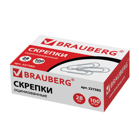 Скрепки BRAUBERG, 28 мм, оцинкованные, 100 шт., в картонной коробке, 227583 оптом