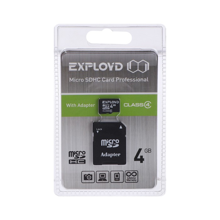 Карта памяти Exployd MicroSD, 4 Гб, SDHC, класс 4, с адаптером SD оптом