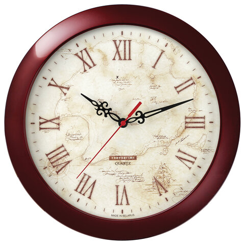 Часы настенные TROYKATIME (TROYKA) 11131150, круг, бежевые с рисунком "Карта", коричневая рамка, 29х29х3,5 см оптом