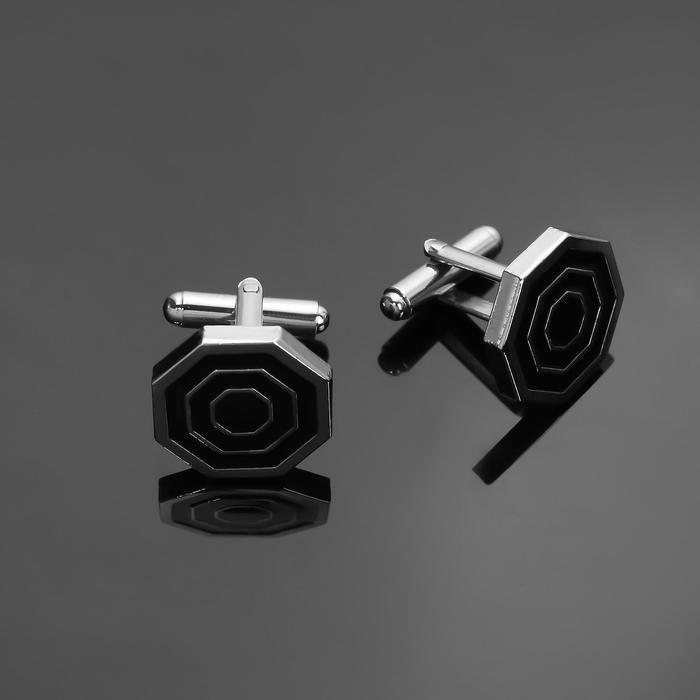 Запонки стальные "Восьмигранник" с эмалью, цвет чёрный в серебре оптом