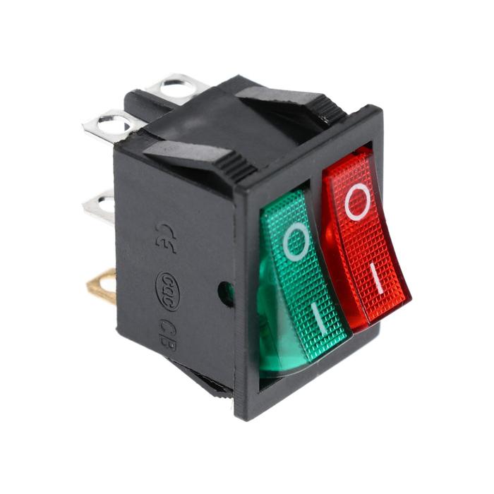 Клавишный выключатель двойной, 250 В, 15 А, ON-OFF, 6с, красный/зеленый, с подсветкой оптом