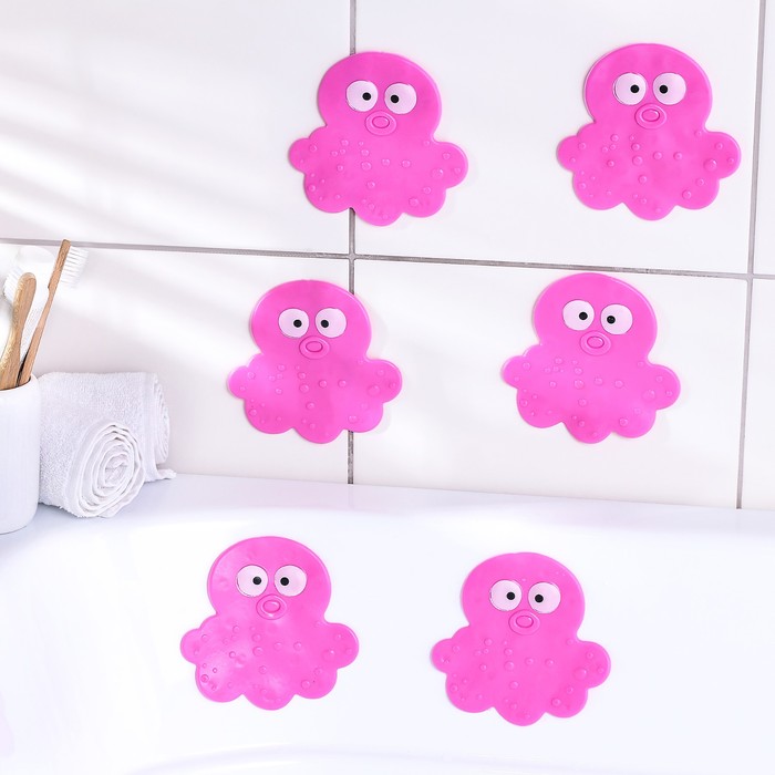 Набор мини-ковриков для ванны на присосках Доляна «Медуза», 11?12 см, 6 шт, цвет МИКС оптом