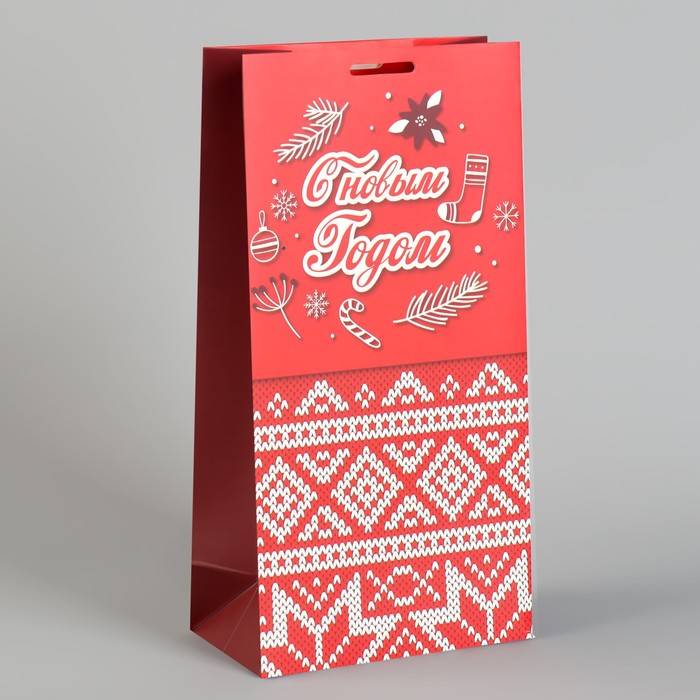 Подарочный картонный пакет «Новогодний узор», с лентой, 13 х 25 х 7 см оптом