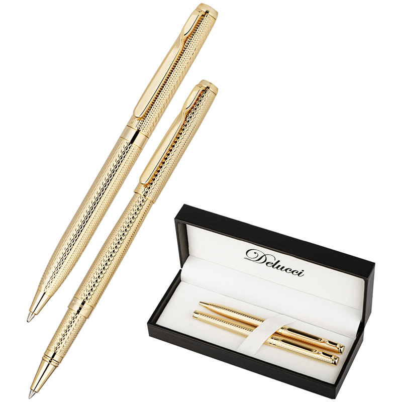 Набор Delucci "Celeste": ручка шарик., 1мм и ручка-роллер, 0,6мм, синие, корпус золото, подарочная упаковка оптом