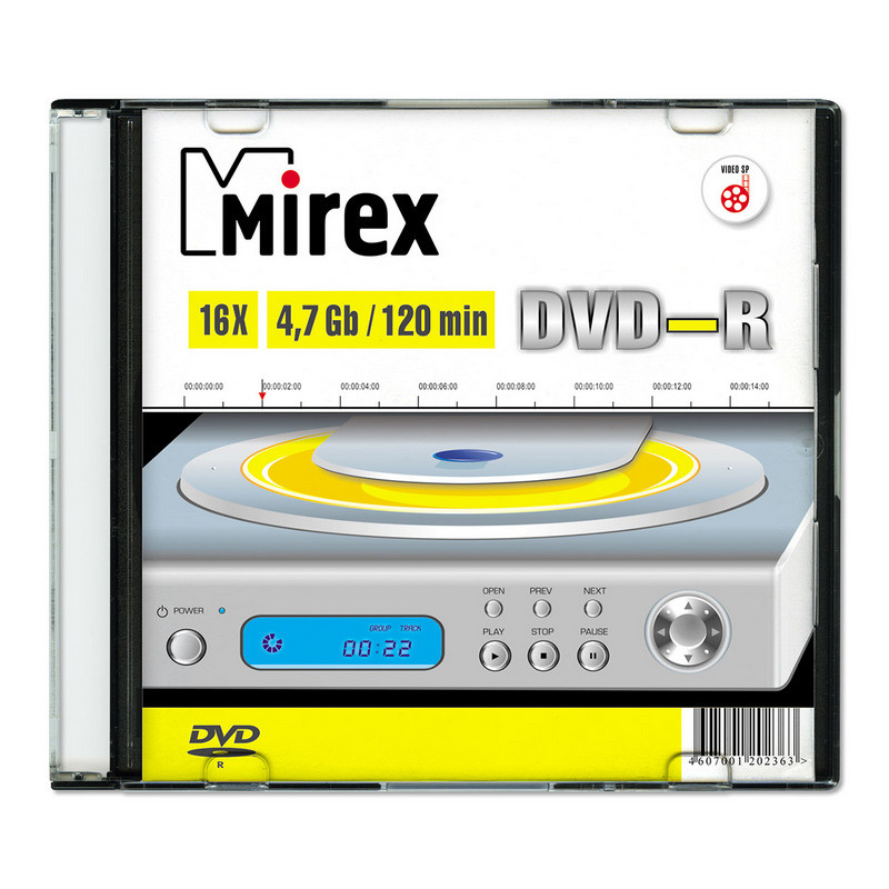 Носители информации DVD-R, 16x, Mirex, Slim/1, UL130003A1S оптом