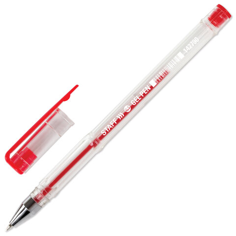 Ручка гелевая STAFF "Basic", КРАСНАЯ, корпус прозрачный, хромированные детали, узел 0,5 мм, линия письма 0,35 мм, 142790 оптом