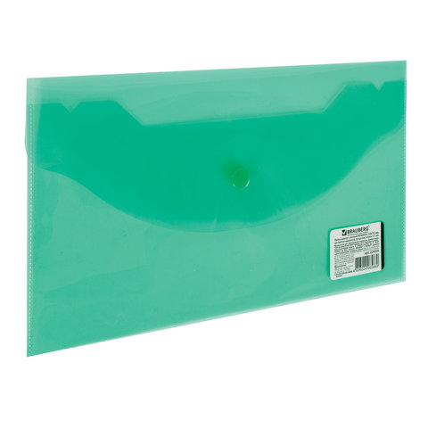 Папка-конверт с кнопкой МАЛОГО ФОРМАТА (250х135 мм), прозрачная, зеленая, 0,18 мм, BRAUBERG, 224029 оптом