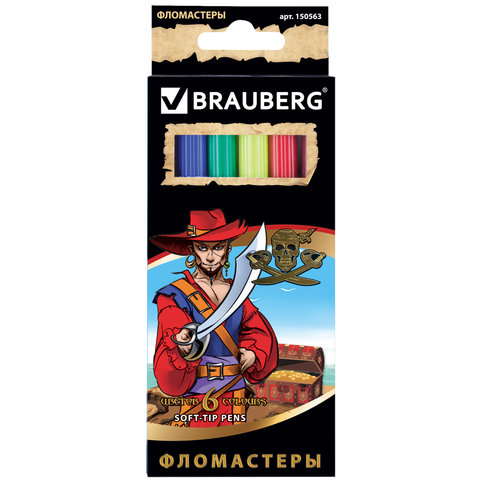 Фломастеры BRAUBERG "Корсары", 6 цветов, вентилируемый колпачок, картонная упаковка с золотистым тиснением, 150563 оптом