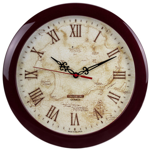 Часы настенные TROYKATIME (TROYKA) 11131150, круг, бежевые с рисунком "Карта", коричневая рамка, 29х29х3,5 см оптом