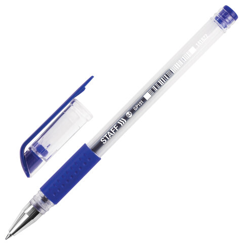 Ручка гелевая с грипом STAFF "EVERYDAY" GP-191, СИНЯЯ, корпус прозрачный, узел 0,5 мм, линия письма 0,35 мм, 141822 оптом